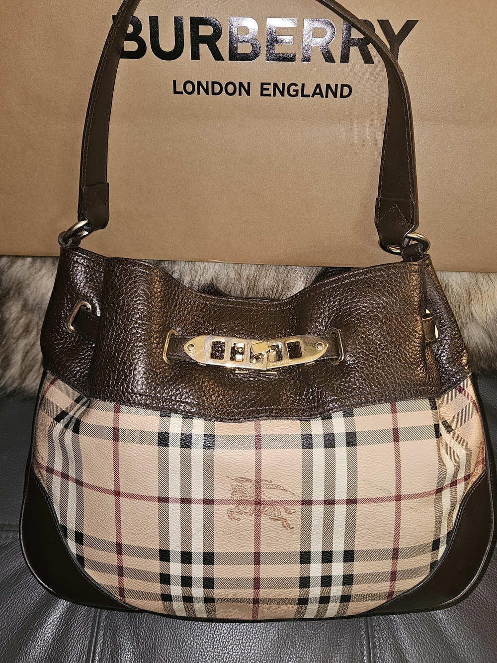 Burberry Brown Leather Vintage Check Hobo Bag